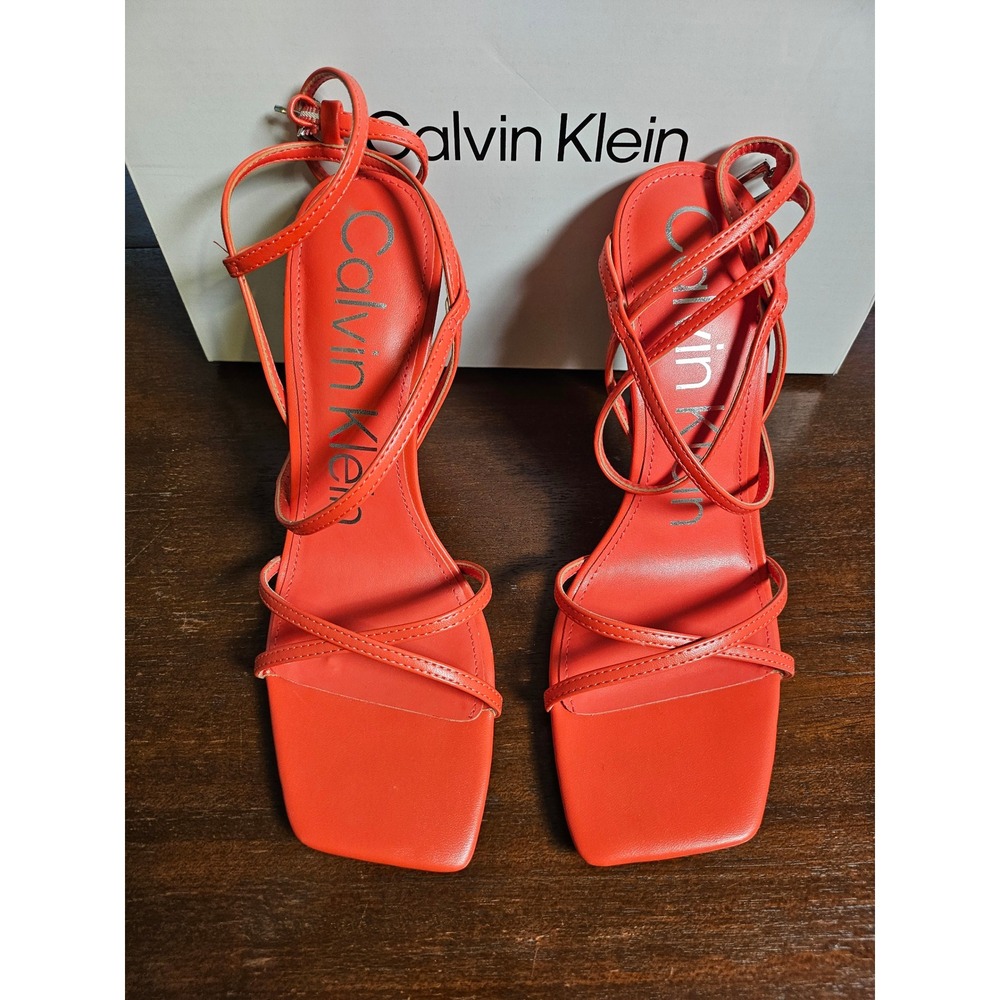 Calvin Klein Strappy Heeled Sandals Women 9.5 Orange Excellent Square Toe Wrap